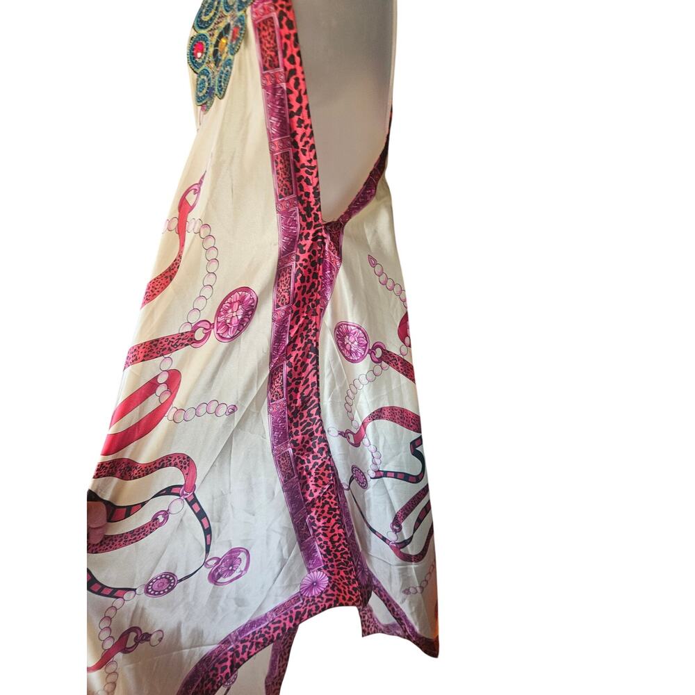 India 100% Silk Bohemian Dress White Purple Pink Beaded Embroidered One Size - Picture 5 of 9